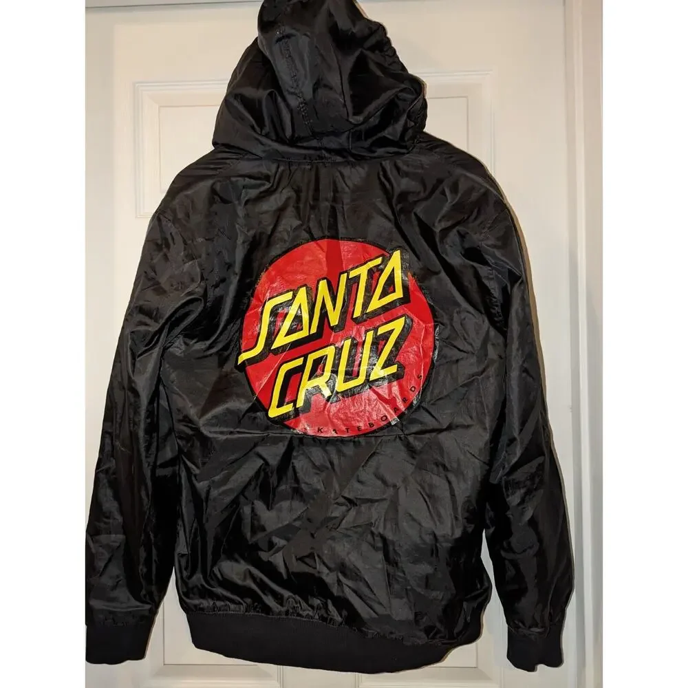 SANTA CRUZ Men's Dot Hooded Windbreaker Jacket Black with Logo US Men's size S